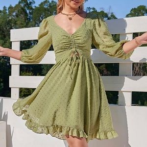 EXLURA Dress Womens Small Sage Swiss Dot V Neck Drawstring Mini Dress NWT!